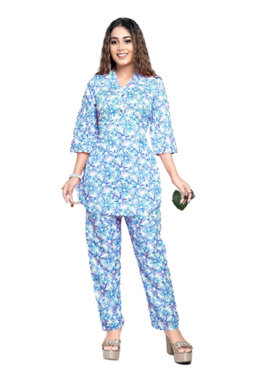 Fency Sky Blue Cord Set For Women Cottan Print Work M, L, XL