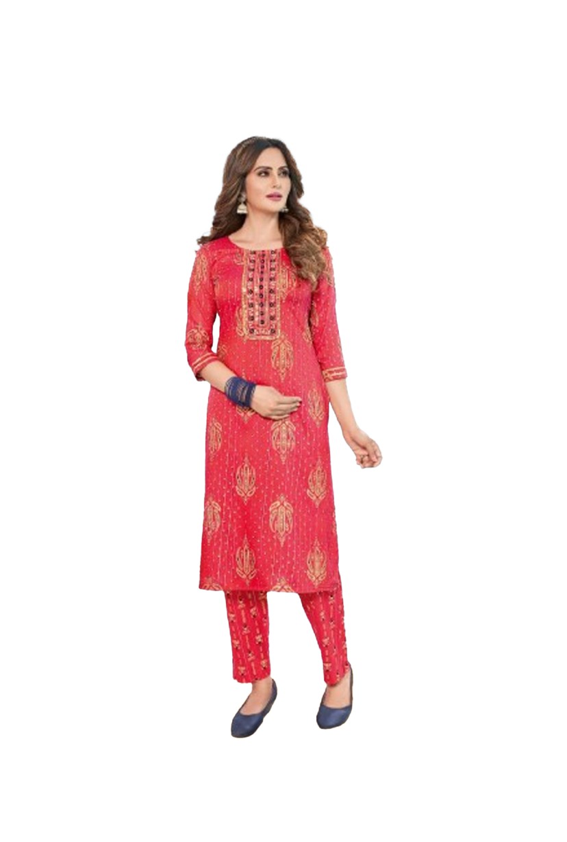 REYON LUREX WITH GOLD PRINT KURTI PANT 