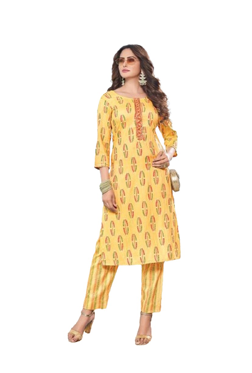 REYON PRINT KURTI PANT YELLOW