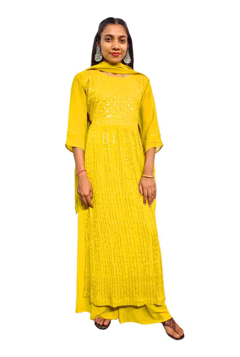 Naira Cut Suit Georgette Yellow