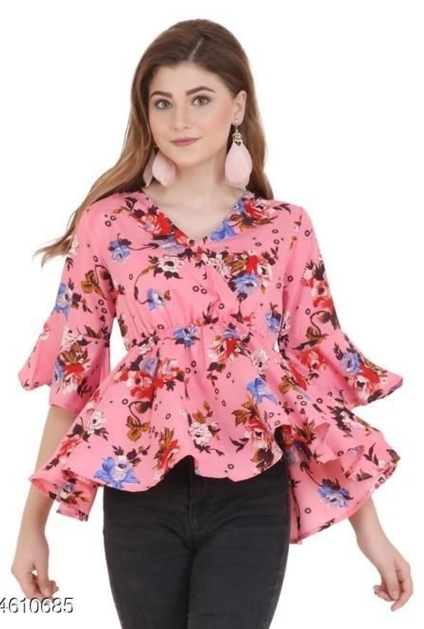 Casual Flared Sleeves Printed Women Multicolor Top