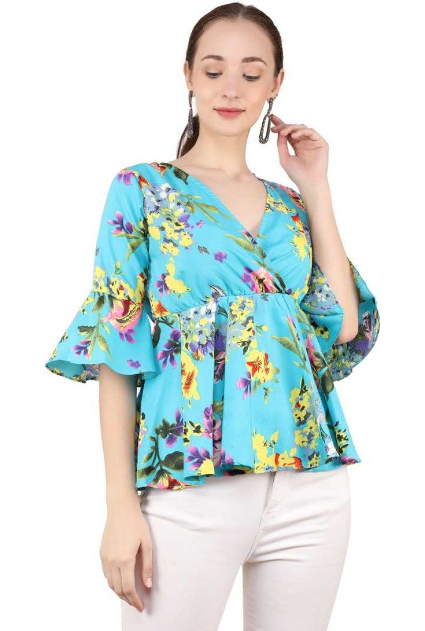 Casual Flared Sleeves Printed Women Multicolor Top