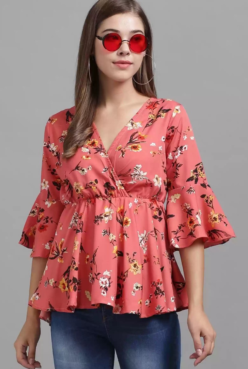 Casual Flared Sleeves Printed Women Multicolor Top