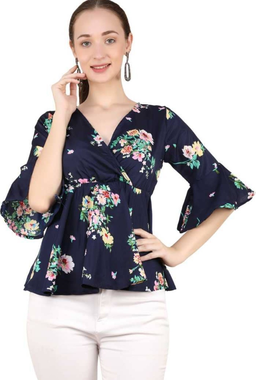 Casual Flared Sleeves Printed Women Multicolor Top