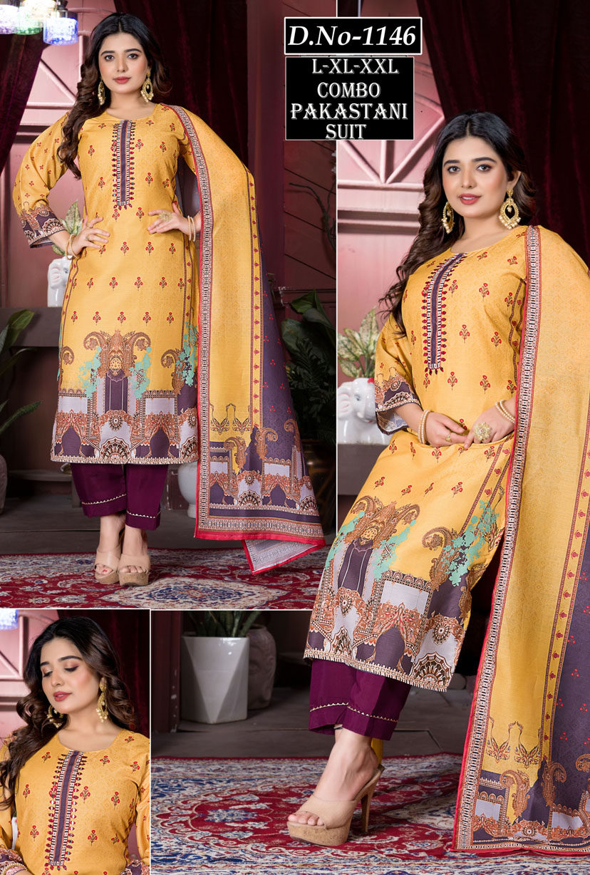 Pakistani Suit Yellow with Printed Handwork