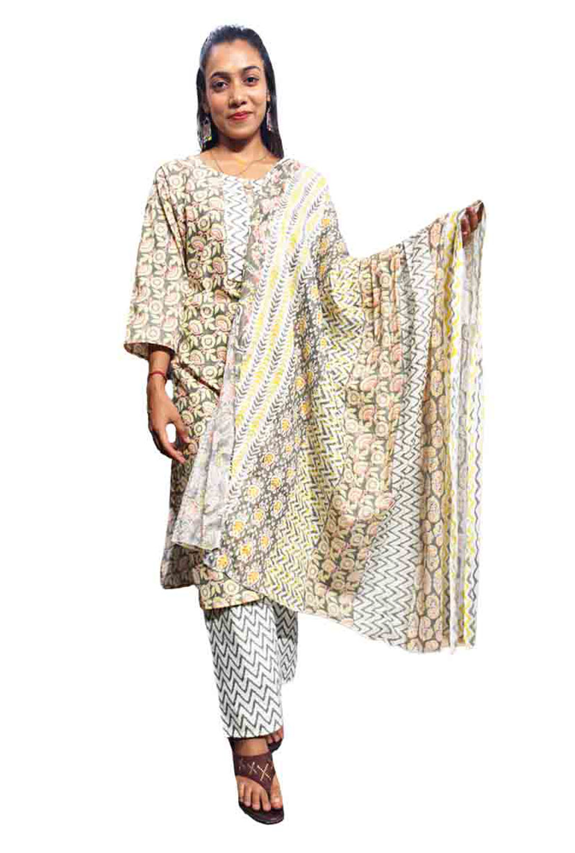 Cotton Kurti Pant with Dupatta 3 Piece Set