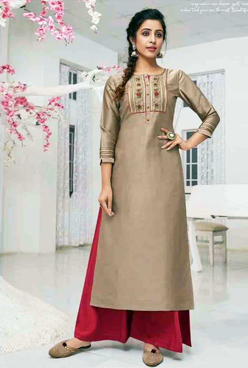 Rich Look Russian Silk Satin Fancy Hand Work Kurti with Chinin Silk