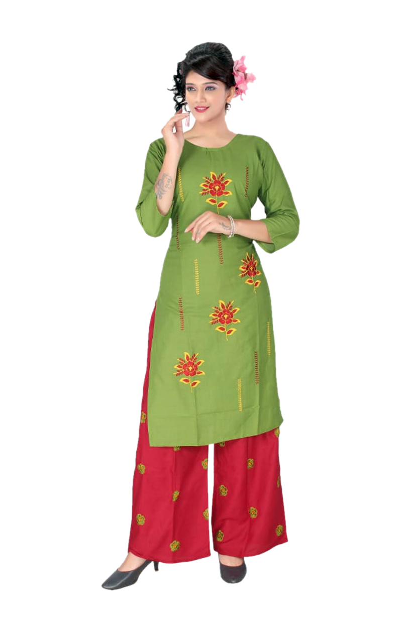 Women Rayon Kurti Palazzo Embroidery Work