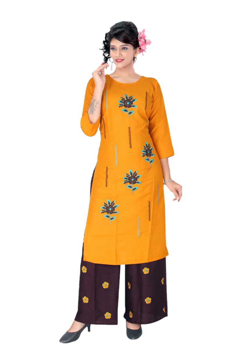 Women Rayon Kurti Palazzo Embroidery Work