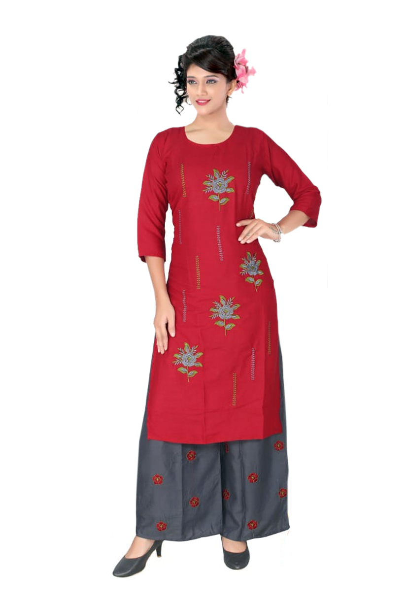 Women Rayon Kurti Palazzo Embroidery Work