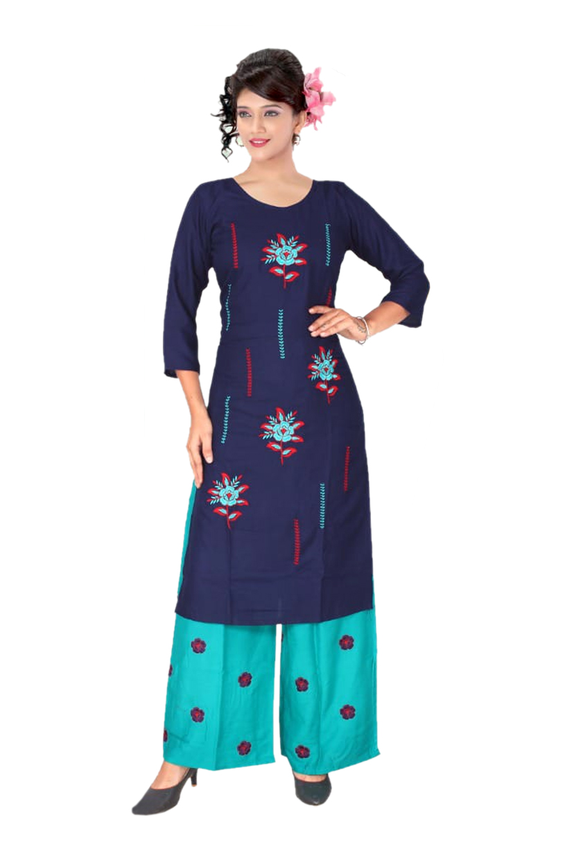 Women Rayon Kurti Palazzo Embroidery Work