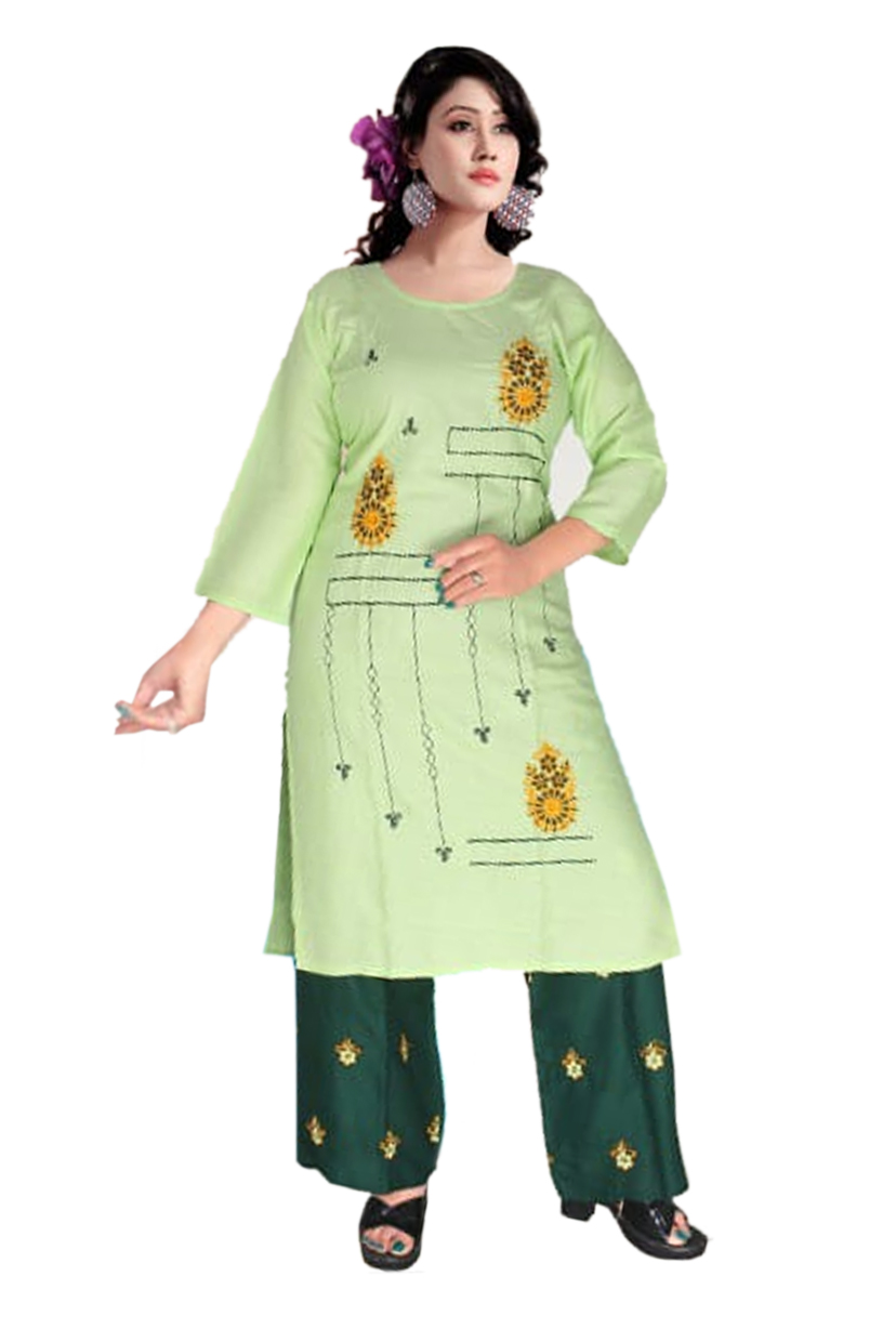 Women Rayon Kurti Palazzo Embroidery Work