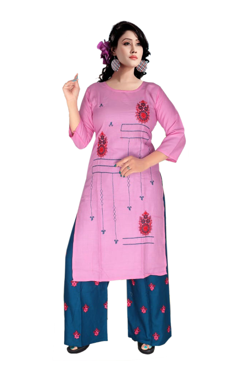 Women Rayon Kurti Palazzo Embroidery Work