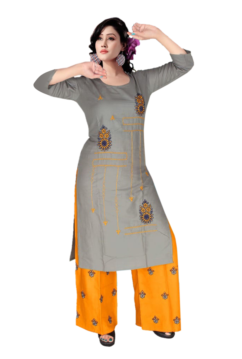 Women Rayon Kurti Palazzo Embroidery Work