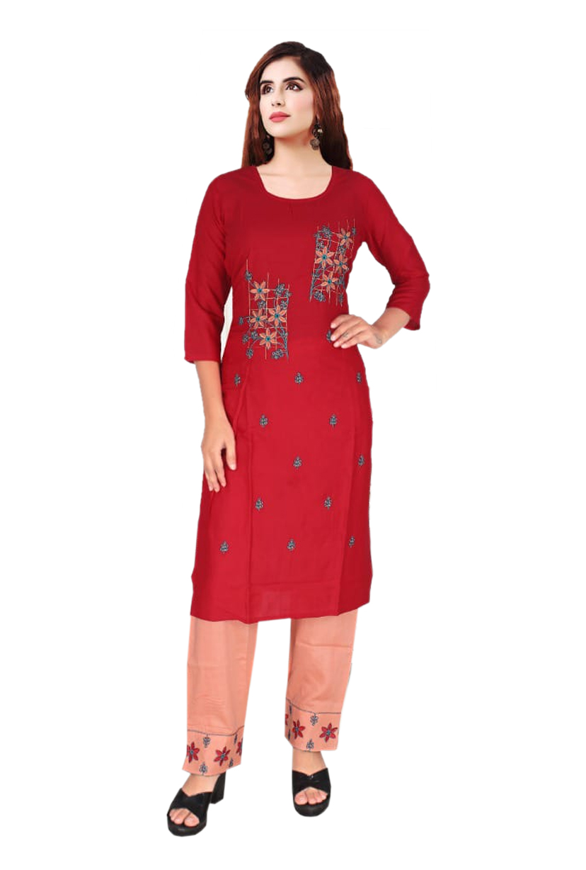 Women Rayon Kurti Pant Embroidery Work