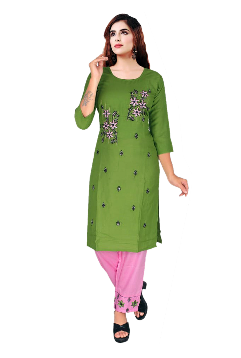 Women Rayon Kurti Pant Embroidery Work