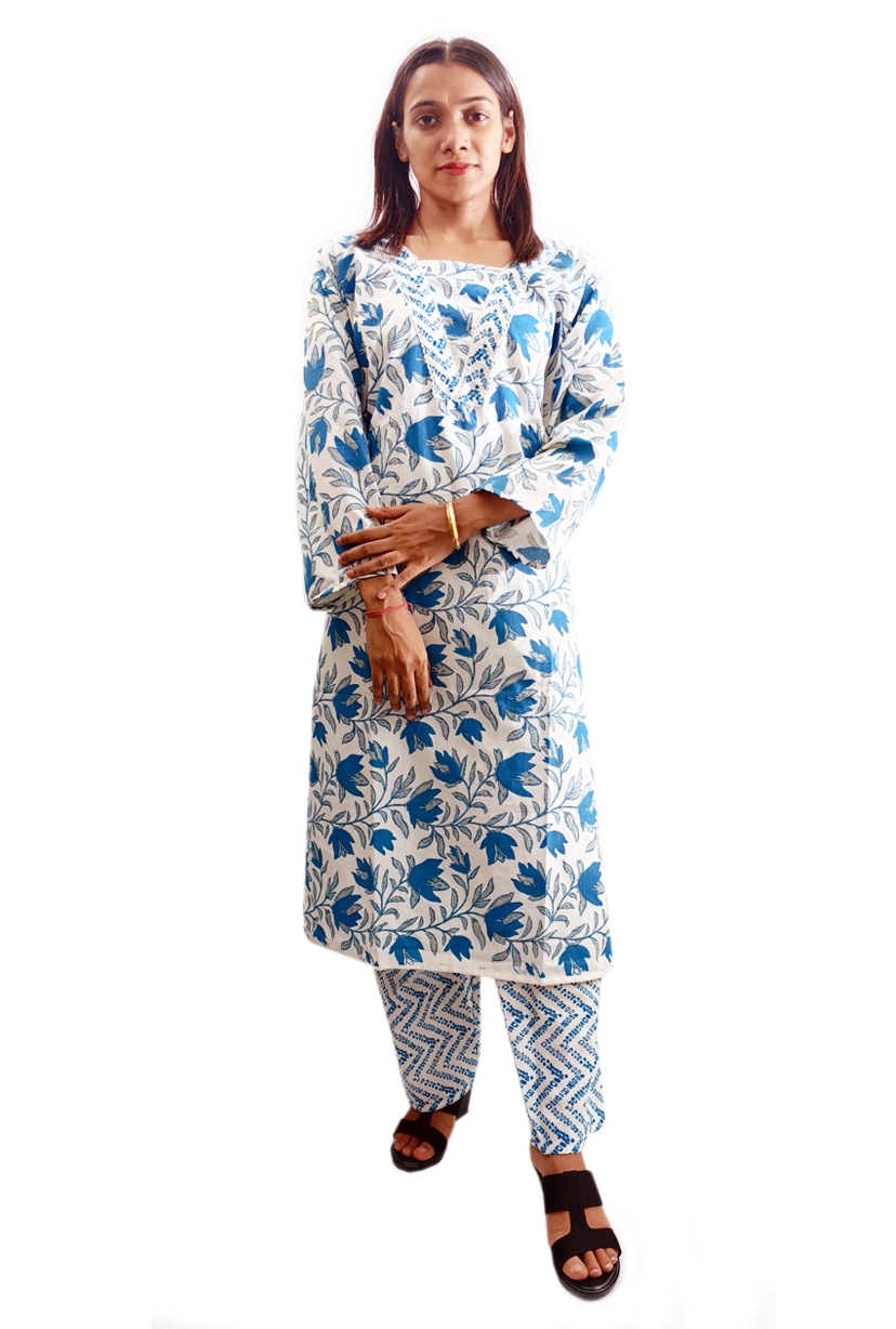 Women Cotton V Neck Kurti with Pant 