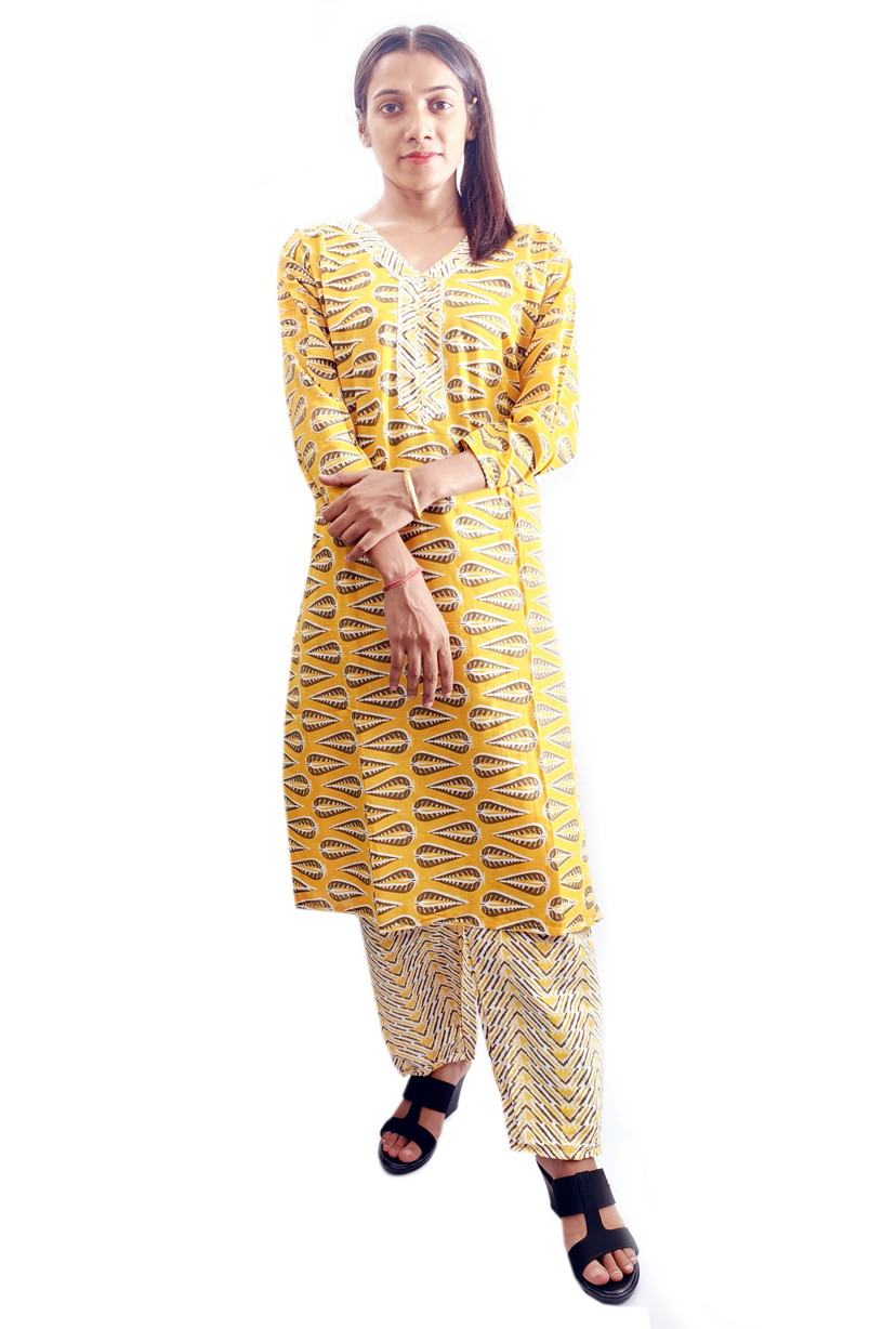 Women Cotton V Neck Kurti with Pant 