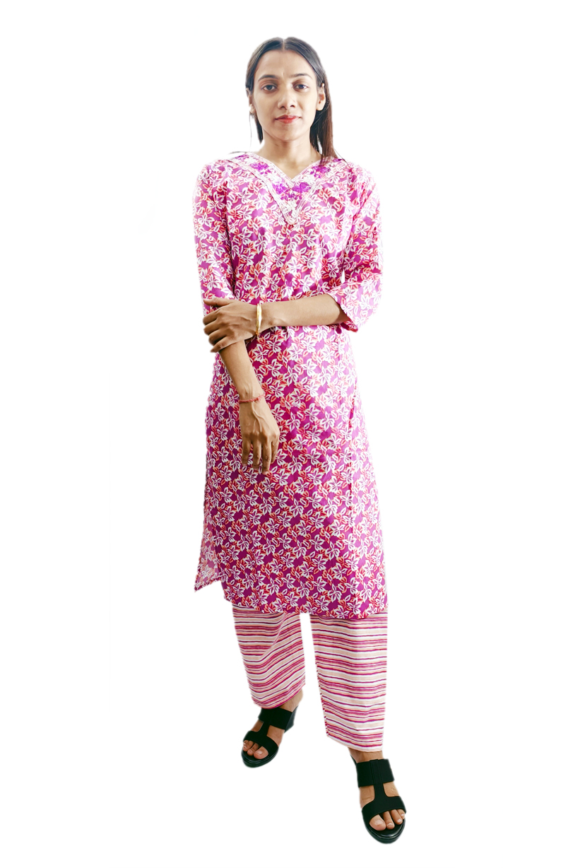 Women Cotton V Neck Kurti with Pant 