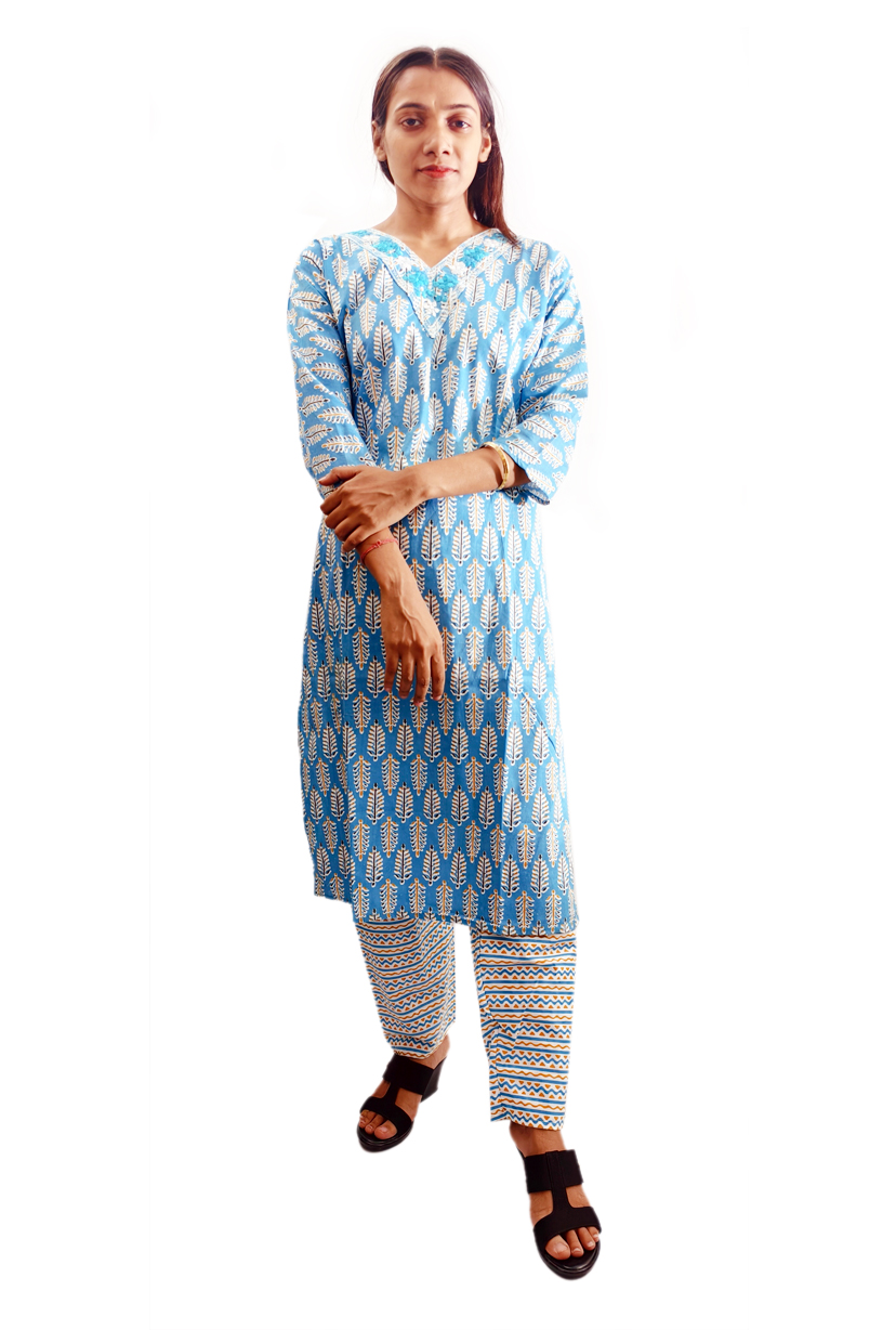 Women Cotton V Neck Kurti with Pant 