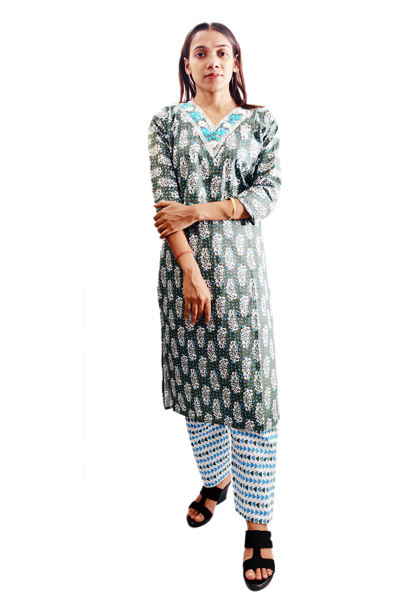 Women Cotton V Neck Kurti with Pant 