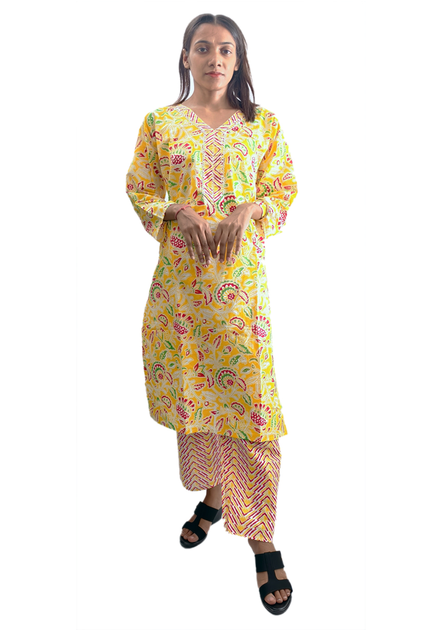 Women Cotton V Neck Kurti with Pant 