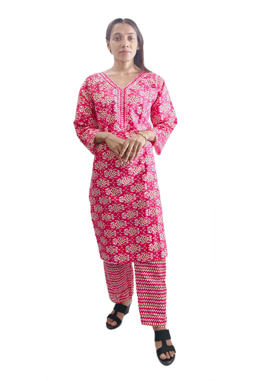 Women Cotton V Neck Kurti with Pant 