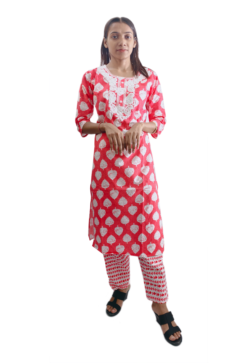 Women Cotton V Neck Kurti with Pant 