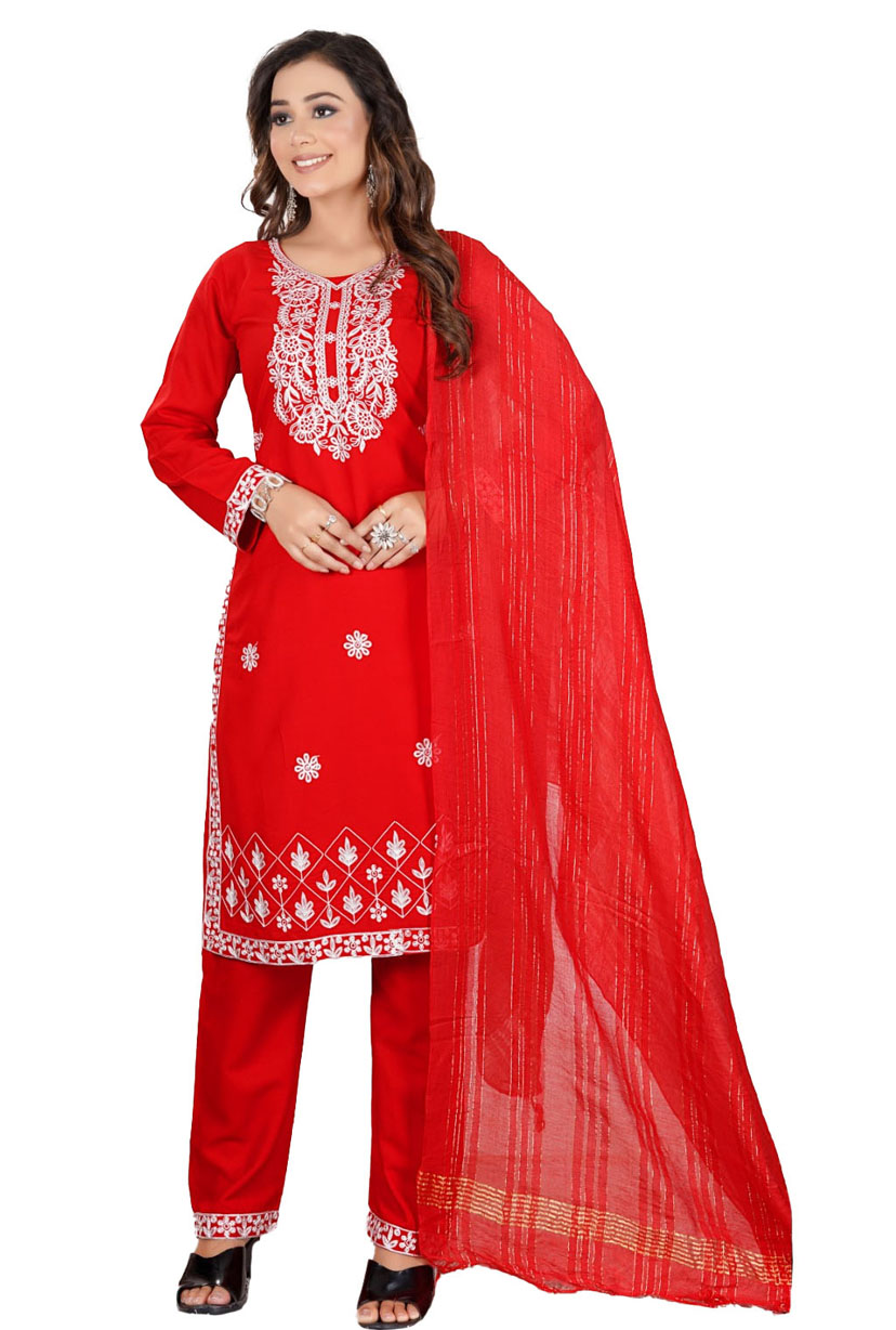 Lucknowi Design Women Pure Reyon Kurta Pant Dupatta Set