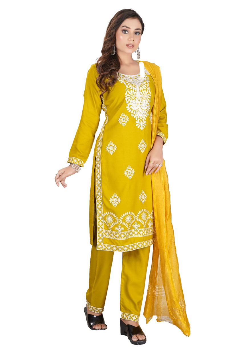 Lucknowi Design Women Pure Reyon Kurta Pant Dupatta Set