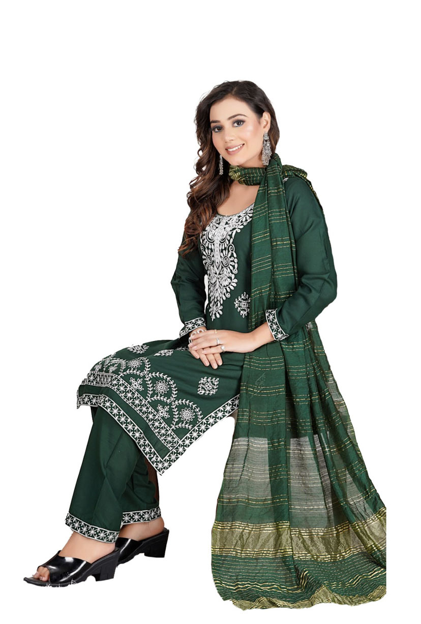 Lucknowi Design Women Pure Reyon Kurta Pant Dupatta Set