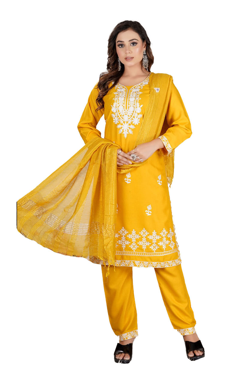 Lucknowi Design Women Pure Reyon Kurta Pant Dupatta Set